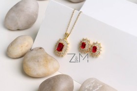 طقم اكسسوار حجر زيركون باللون الاحمر