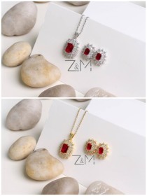 طقم اكسسوار حجر زيركون باللون الاحمر