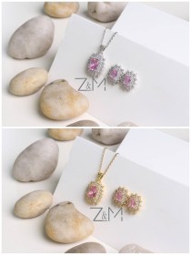 طقم اكسسوار حجر زيركون باللون زهري