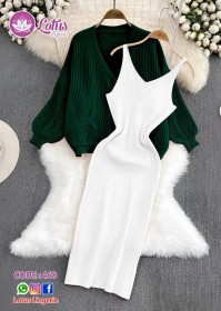 طقم خريفي أنيق بلونين — فستان أبيض بحياكة ناعمة مع كاردغان زيتي