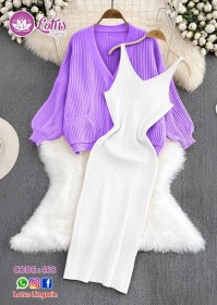 طقم خريفي أنيق بلونين — فستان أبيض بحياكة ناعمة مع كاردغان بنفسجي