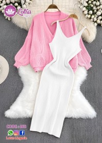 طقم خريفي أنيق بلونين — فستان أبيض بحياكة ناعمة مع كاردغان زهري