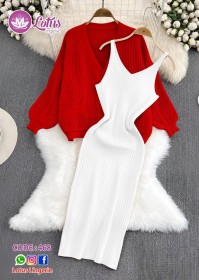 طقم خريفي أنيق بلونين — فستان أبيض بحياكة ناعمة مع جكيت أحمر