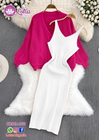 طقم خريفي أنيق بلونين — فستان أبيض بحياكة ناعمة مع كاردغان فوشي